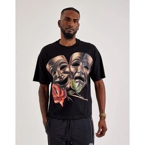 BKYS NWT Black Rhinestone Theater Masks Rose Graphic T Shirt Size S Streetwear